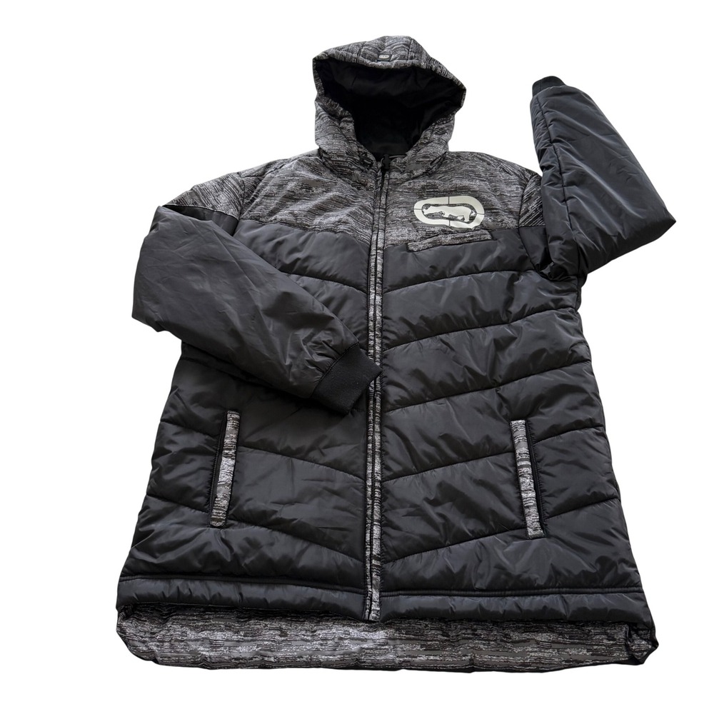Ecko Unltd Puffer Jacket Mens Large Black Gray Space Dye Hooded Heavyweight Coat